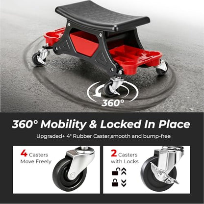 Mechanic Stool with Wheels,300 LBS Capacity Garage Stool | Heavy Duty Rolling Mechanics Seat with Slide Out Tool Trays and Drawer,Tools for Automotive Auto Repair RED