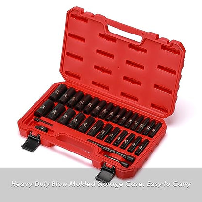 MIXPOWER 3/8" Drive Deep Impact Socket Set, 6 Point, 31 Piece SAE and Metric Socket Set, 7-22mm, 5/16"-1", Cr-V Steel Mechanic Socket Set - size: 9/32" - 1" (Deep)