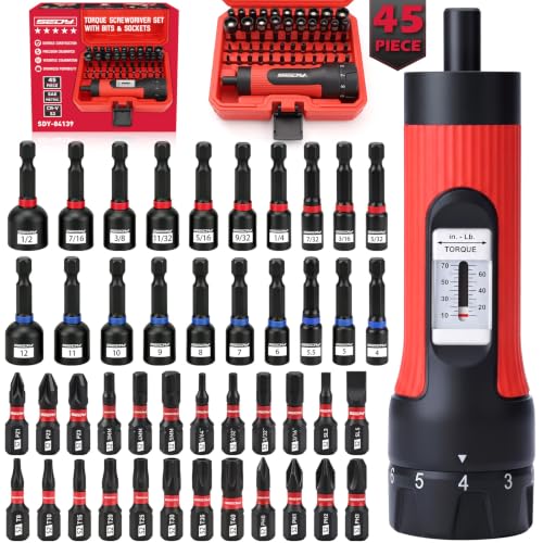 Torque Screwdriver 10-70 in-lb, 45-Piece 1/4" Drive Set with 24 S2 Steel Bits, 20 CR-V Magnetic SAE and Metric Nut Drivers, Storage Case, Inch Pound Torque Wrench for Automotive, Bike and DIY Repair