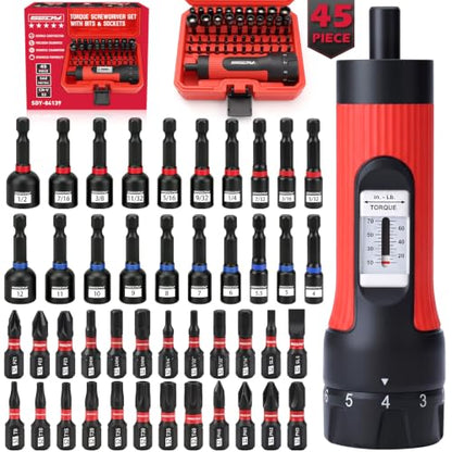Torque Screwdriver 10-70 in-lb, 45-Piece 1/4" Drive Set with 24 S2 Steel Bits, 20 CR-V Magnetic SAE and Metric Nut Drivers, Storage Case, Inch Pound Torque Wrench for Automotive, Bike and DIY Repair