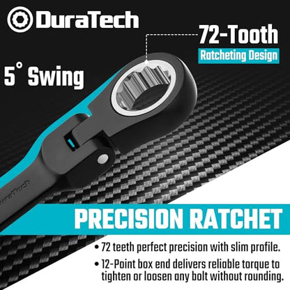 DURATECH Stubby Flex-head Ratcheting Combination Wrench Set, 8-piece, Metric, 9 to 17mm, CR-V Steel, Black Electrophoretic Coating, with Rolling Pouch - size: Metric