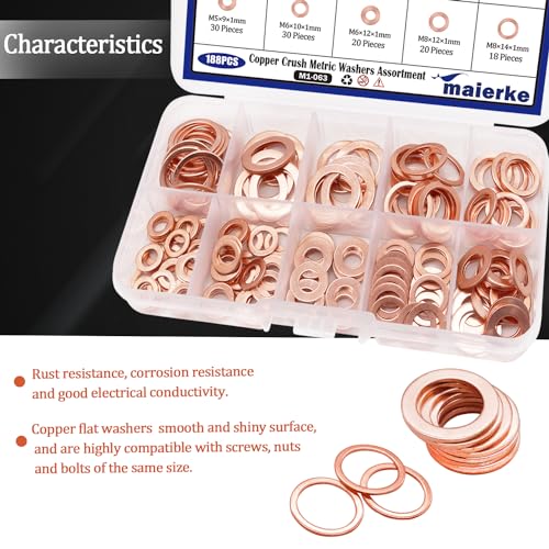 9 Sizes Metric Copper Crush Washers Assortment Kit Crush Washer Oil Drain Plug Crush Washer Assortment M5 M6 M8 M10 M12 M14 - size: 188PCS (M5-M14)