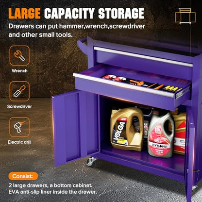 Oakcloud Lockable 8-Drawer Rolling Tool Chest & Cabinet Combo with Black Liner – Heavy-Duty Steel Garage Tool Box on Wheels – Detachable Top Toolbox & Bottom Storage Cart with Side Hooks, Purple - color: Purple, size: 8-Drawer