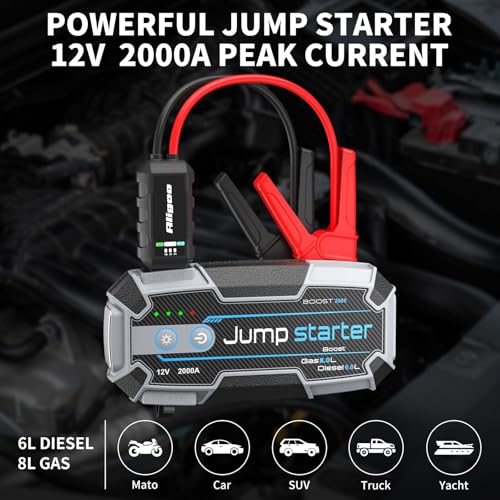 Car Battery Jump Starter 2000A with USB C 100W Fast Charge IP67 Waterproof Battery Jumper Starter Portable for Car Emergency Magnetic Hook Led Lights Outdoor Camping Traveler Boat SUV Truck