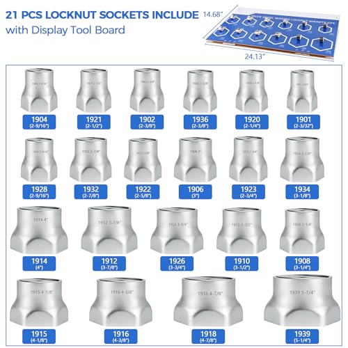 6-Point Truck Wheel Bearing Locknut Socket Set with Display Tool Board 9850, 3/4 inch Driver Axle Nut Socket Set Tools for Heavy Duty Truck 21 Pcs, High-Strength Steel