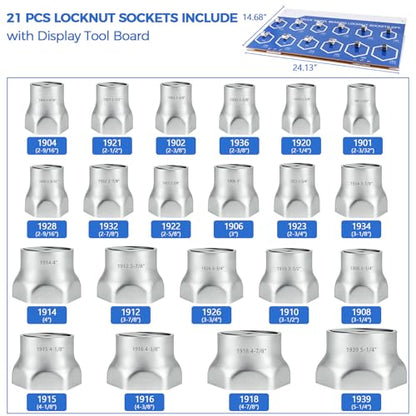 6-Point Truck Wheel Bearing Locknut Socket Set with Display Tool Board 9850, 3/4 inch Driver Axle Nut Socket Set Tools for Heavy Duty Truck 21 Pcs, High-Strength Steel