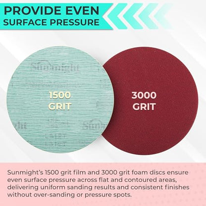 Koda Sunmight Film 6 Inch Sanding Discs 1500 Grit & 3000 Grit Foam Sander Pad- Wet/Dry Orbital Hook and Loop Sanding Discs - Aluminum Oxide - Automotive Polish Finish Soft Foam Pad - 3 Film 2 Foam Set