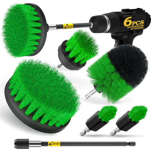Holikme 6Pc Drill Brush Set - Scrub Brushes with Extension for Home Clean | 5 Head Sizes, Green Nylon Fibers, Power Scrubber Attachments for Tile, Tub, Shower, Floors, Kitchen and Auto Interior Care - color: Green
