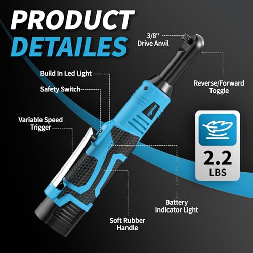 FULLYEA Cordless Electric Ratchet Wrench Set, 16.8V 3/8 cordless ratchet, 550 RPM, Variable Speed Power Ratchet Tool Kit with 2 * 2.0Ah Battery, 1/4" Adapter & 3" Extension Bar(Blue)