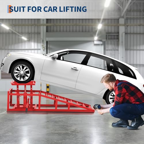Heavy Duty Hydraulic Car Ramps 2 Pack – 5 Ton (11,000 lbs) Low Profile Steel Lift Ramps – Adjustable Height 9.4-13.3 in – for Oil Changes, Garage Repairs, Trucks & Low Cars – Portable - color: Red