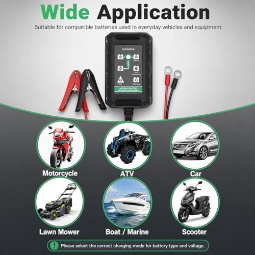 Unocho 1.5A Smart Battery Charger Maintainer for 6V 12V Lead Acid and 14.4V LiFePO4 Batteries, Automatic Trickle Float Charger with SAE Clips for Car Motorcycle Lawn Mower Boat