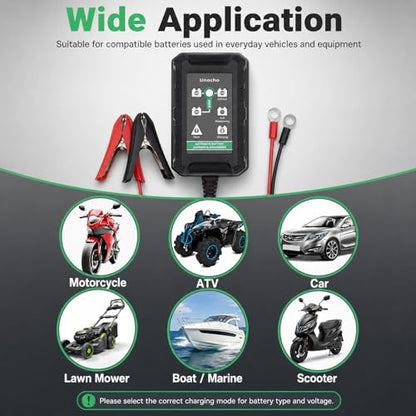 Unocho 1.5A Smart Battery Charger Maintainer for 6V 12V Lead Acid and 14.4V LiFePO4 Batteries, Automatic Trickle Float Charger with SAE Clips for Car Motorcycle Lawn Mower Boat