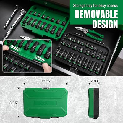 SK 3/8" Drive Impact Socket Set, 40-Piece Metric & SAE Sockets, CR-MO Steel | Metric 8 to 19mm, SAE 5/16" to 3/4", SureGrip 6 Point Design, With Storage Case - size: 3/8"-40PCS