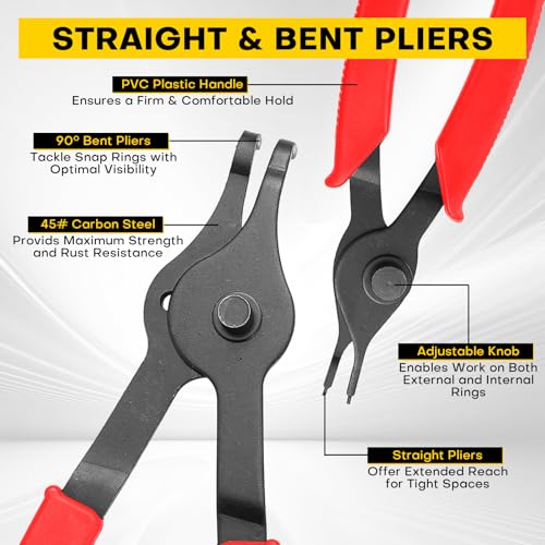11PCS Snap Ring Plier Set | Internal & External Circlip Removal Tools with Bent & Straight Pliers Hook Pick, for Automotive, Motorcycles, Lawn Mowers, Durable Circlip Pliers (Red) - color: Red