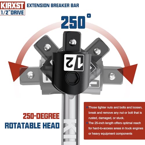 25-Inch 1/2” Drive Breaker Bar, 250° Rotatable Head, Heavy Duty Extension Breaker Bar, Ball Lock Function, Laser Marking, Mechanical Work, Automobile and Motorcycle Maintenance and Repair - size: 1/2" drive 25 in