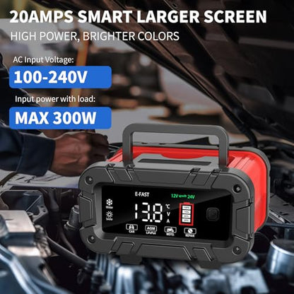E-FAST Battery Charger 0-20A 12/24V Lifepo4 Lead Acid Automatic Smart Car Battery Charger, Trickle & Pulse Repair, Automobile Battery Maintainer for Car Truck Motorcycle Lawn Mower Boat