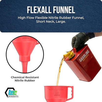 TEC Products FlexAll Short Neck Funnel - Flexible Funnel w/Hose, Durable Nitrile Rubber Automotive Funnels - Oil Change Tool for Transmission Fluid, Diesel, Gas - USA Made - Large (11 x 5.73 Inches) - size: Large