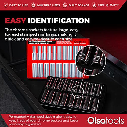 Olsa Tools Metric Deep Socket Set - 1/2-Inch Drive, 18pc - 6-Point Chrome Sockets from 10mm–27mm and No Skipped Sizes - Mechanic Deep Metric Socket Set - Professional Grade Long Sockets - Part: 1325 - color: Metric Deep, size: 18pc, 1/2-Inch Drive