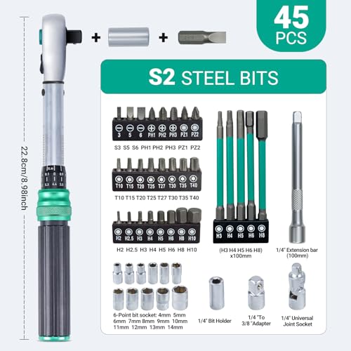 1/4" Bike Torque Wrench Set, 45 PCS Bicycle Click Torque Wrench and Bit Set, 8.8-221.2 in·lb/1-25 Nm, Dual-Direction Adjustable 72 Tooth Ratchet, ±3% Accuracy, Road/Mountain Bike Cycling Tool Kit - size: 45PCS (1-25 Nm)