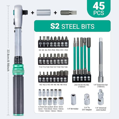 1/4" Bike Torque Wrench Set, 45 PCS Bicycle Click Torque Wrench and Bit Set, 8.8-221.2 in·lb/1-25 Nm, Dual-Direction Adjustable 72 Tooth Ratchet, ±3% Accuracy, Road/Mountain Bike Cycling Tool Kit - size: 45PCS (1-25 Nm)