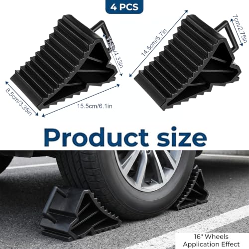 4 Pack Wheel Chocks, Tire Chocks for RV Trailer Camper Car Truck | Rubber Tire Stopper Wheel Block Stopper with Handles for Tire, Strong RV Wheels Chock RV Trailer Accessories, Black
