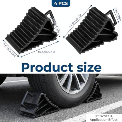 4 Pack Wheel Chocks, Tire Chocks for RV Trailer Camper Car Truck | Rubber Tire Stopper Wheel Block Stopper with Handles for Tire, Strong RV Wheels Chock RV Trailer Accessories, Black
