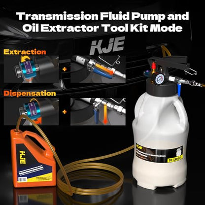 KJE 10L Transmission Fluid Pump and Oil Extractor Tool Kit, Pneumatic Transmission Fluid Pump, 2-Way Vacuum Fluid Evacuator Kit with 15 PCS ATF Filler Adapters and 5 Hoses for Automotive Use