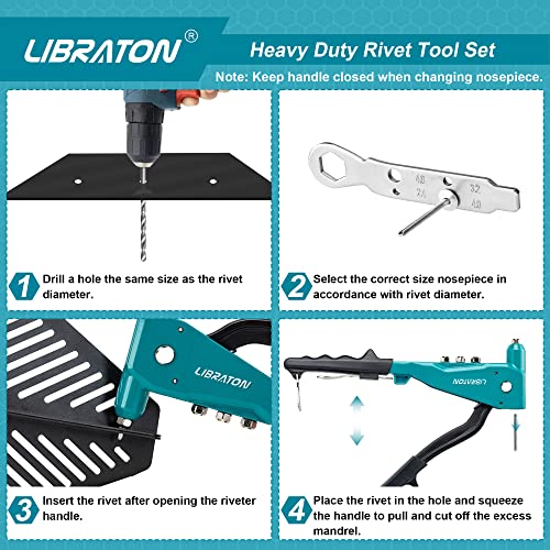 Libraton Heavy Duty Rivet Gun, Pop Rivet Gun Set, Professional Hand Riveter, Manual Riveting Tool with 110Pcs Rivets and 4 Interchangeable Heads, for Metal, Wood and Plastic - size: Heavy-duty Rivet Gun