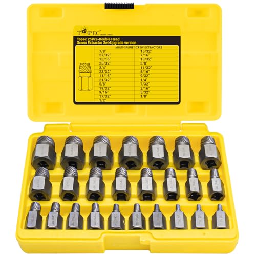 Topec 25Pcs-Double Head Screw Extractor Set 3/8” Drive 2-in-1 | Newest Version Functional Easy Out Bolt Extractor Set, Premium CR-MO Steel Rounded Bolt Remover - color: 25-piece 3/8'' Drive