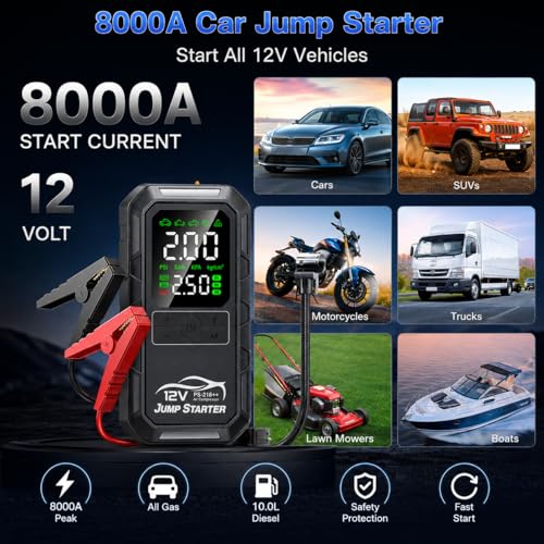 10-in-1 Car Battery Jump Starter with Air Compressor 8000A 160PSI Portable Car Jumper Starter (All Gas 12L Diesel), 12V Jump Box Car Battery Jump Starter Portable Jumper Cables, Lights (8000A) - size: 8000A