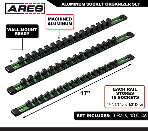 ARES 60045-3-Piece 17-Inch Green Aluminum Socket Rail Set - 1/4-Inch, 3/8-Inch, and 1/2-Inch Drive Socket Organizers Hold 48 Sockets - color: Green, size: Multi-Drive