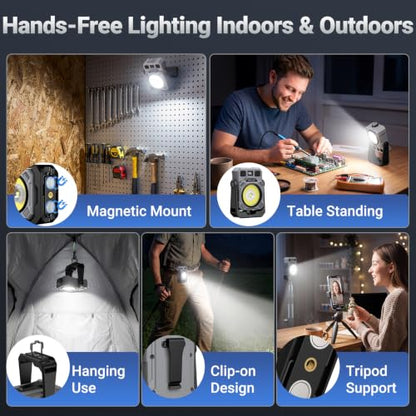 Magnetic Rechargeable Work Light, 5200mAh Mechanic Light Run 5-50H | 2000LM LED mechanic light with power display, 5-50h runtime, stepless dimming 360° rotate flashlight for car repair, camping