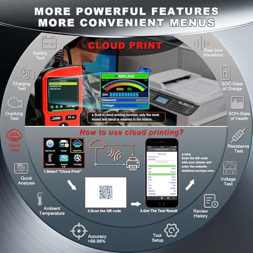 BT90 PRO 2-360Ah Battery Tester with Cloud Printing, 30-3800 CCA, 6V/12V/24V Digital Analyzer, SOH/SOC/Volt/Res/Cranking&Charging Test, Real‑Time Ambient Temp, AGM/EFB/Gel/Li - color: RED