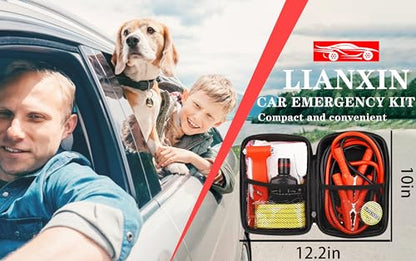 LIANXIN Car Roadside Emergency Kit,with Jumper Cables Car Safety Kits | Emergency Car Kit Tow Straps Headlamp Jumping Cables Safety Hammers Gloves, Breakdowns Gifts for New Drivers - color: Black