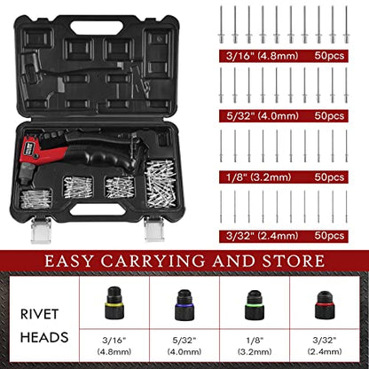 NEU MASTER Rivet Gun with 200 Rivets, Heavy Duty Manual Rivet Gun Kit, 4 Tool-free Interchangeable Heads with Carrying Case, One-hand Pop Riveter for Metal, Plastic, Leather & DIY