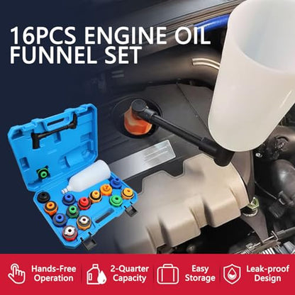 DPTOOL Oil Funnel Set, 2 qt Automotive Oil Funnel Set for Engine Oil Changes, Oil Dispenser Funnels Kit with Flexible Extension and 14 Oil Cap Adapters Compatible with GM Ford VW BMW Audi Toyota Etc