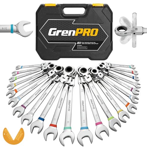 GRENPRO 23PCS Flex-Head Ratcheting Wrench Set, Combination Ratchet Wrenches Set Metric and Standard & SAE with Organizer Box, 6-18mm & 1/4" to 3/4" with Color Ring, CRV Socket Mechanic Tools Sets - style: 23PCS Flex-Head Ratcheting Wrench Set