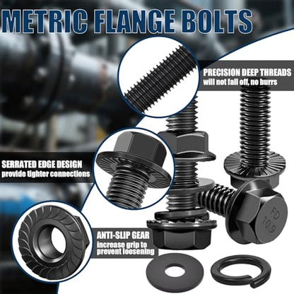 208PCS M6x1.0 Metric Flange Bolt Kit (10mm 12mm 16mm 20mm 25mm 30mm) 10.9 Grade Black Hex Bolts and Nuts Washers Kit - size: Flange Bolts-M6-208PCS