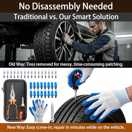 100PCS Tire Repair Kit, No Tire Removal Needed, Heavy Duty Tire Plug Kit with Tire Patch, Screwdriver & Pliers, Portable Tubeless Tire Repair Tool Set for Car, Truck, Motorcycle, SUV