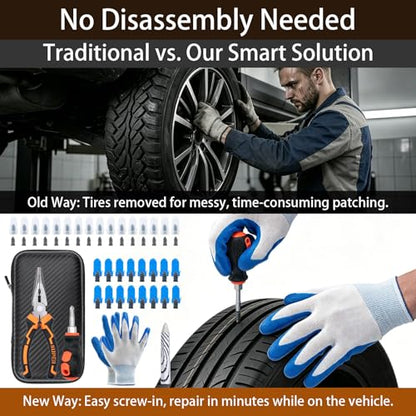 100PCS Tire Repair Kit, No Tire Removal Needed, Heavy Duty Tire Plug Kit with Tire Patch, Screwdriver & Pliers, Portable Tubeless Tire Repair Tool Set for Car, Truck, Motorcycle, SUV