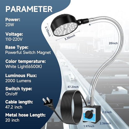 Magnetic Work Light,Work Light with Flexible & Magnetic Base | 2000 Lumens LED Work Light, Mechanic Tool Lights, Shop Lamp for Workbench, Wood Lathe, Sewing Machine, Grill