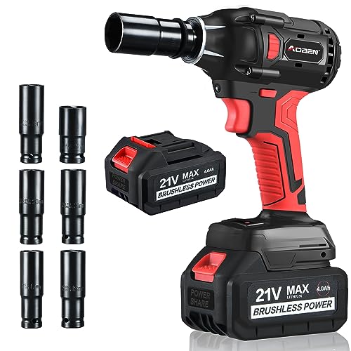 AOBEN 21V Cordless Impact Wrench Power Electric Wrench with 1/2" Square Driver, Max 300 Torque ft-lbs (400N.m),2X 4.0A Li-ion, 6Pcs Impact Sockets,Fast Charger and Tool Bag - color: Ab7335b