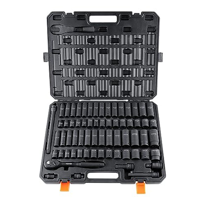 VEVOR 1/2" Drive Impact Socket Set 65 Piece, 3/8" to 1-1/4" and 10-24mm | SAE and Metric, 6 Point Cr-V Alloy Steel, Easy-to-Read Size Markings, Rugged Construction, with Storage Case, for Auto Repair - style: 1/2" 65PCS