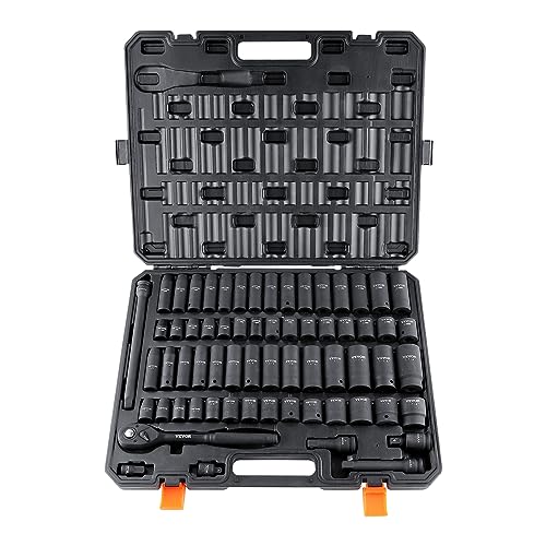 VEVOR 1/2" Drive Impact Socket Set 65 Piece, 3/8" to 1-1/4" and 10-24mm | SAE and Metric, 6 Point Cr-V Alloy Steel, Easy-to-Read Size Markings, Rugged Construction, with Storage Case, for Auto Repair - style: 1/2" 65PCS
