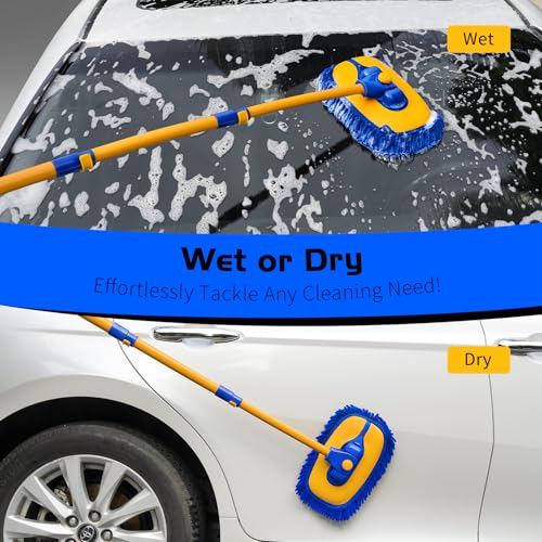 Ordenado 15°Curved Car Wash Brush with Long Handle, 43" Car Cleaning Brush with Extension Pole, Microfiber RV Wash Mop Scratch-Free, Exterior Washer Mop for Washing Roof Truck Camper SUV Caravan Blue - color: Blue and Yellow