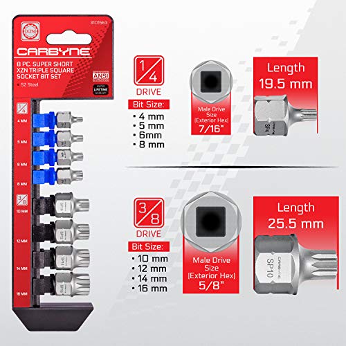 CARBYNE 8-Piece XZN Triple Square Stubby Low Profile Bit Socket Set, 4mm to 16mm, 12 Point Spline, S2 Steel, Dual Drive Internal Square and External Hex for Tight Confined Spaces - size: XZN Triple Square