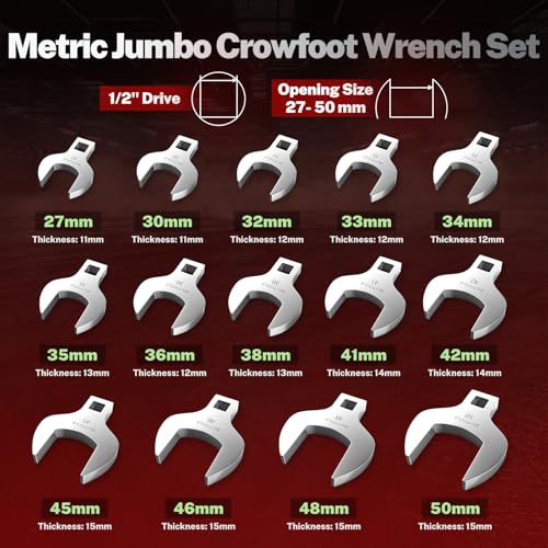 BILITOOLS 14PCS 1/2" Drive Jumbo Crows Foot Wrench Set, Metric | Big Crowfoot Wrench Set (27-50mm) for Large Fasteners. CR-V Steel, Mirror Chrome Finish. Fits 1/2" Drive Ratchets. - style: Metric, 27 - 50 Mm