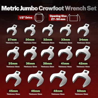 BILITOOLS 14PCS 1/2" Drive Jumbo Crows Foot Wrench Set, Metric | Big Crowfoot Wrench Set (27-50mm) for Large Fasteners. CR-V Steel, Mirror Chrome Finish. Fits 1/2" Drive Ratchets. - style: Metric, 27 - 50 Mm
