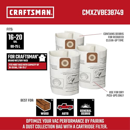 CRAFTSMAN CMXZVBE38749 Genuine 16-20 Gal. Wet Dry Vac Dust Collection Bags | For General Debris, Fits Most 16 and 20 Gallon CRAFTSMAN Shop Vacuums, Collects Dry Only Debris, Reduces Cleanup Time, 3-Pack - style: 16-20 Gallon General Purpose