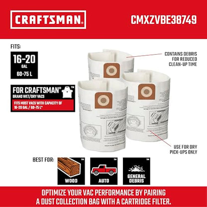 CRAFTSMAN CMXZVBE38749 Genuine 16-20 Gal. Wet Dry Vac Dust Collection Bags | For General Debris, Fits Most 16 and 20 Gallon CRAFTSMAN Shop Vacuums, Collects Dry Only Debris, Reduces Cleanup Time, 3-Pack - style: 16-20 Gallon General Purpose